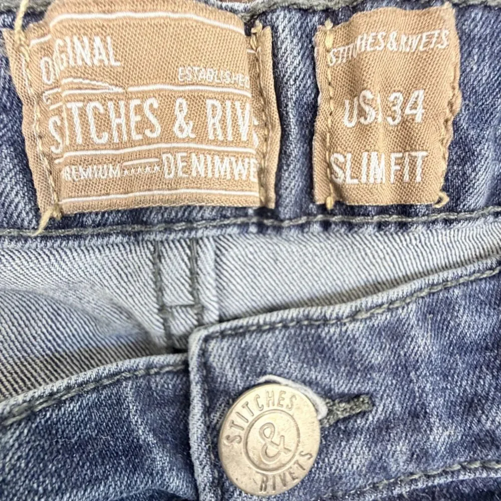 stitches & rivets jeans mens 34x28 blue stretch denim straight leg casual preppy